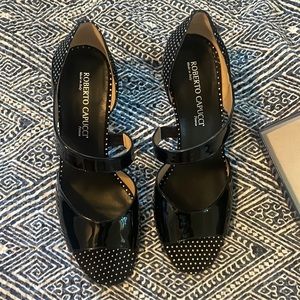 Poke dot open toed heels